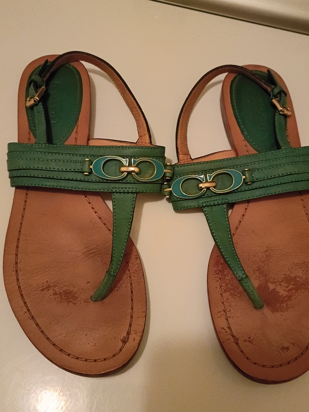 Coach Green Leather T-Strap Sandals with Gold Hardware